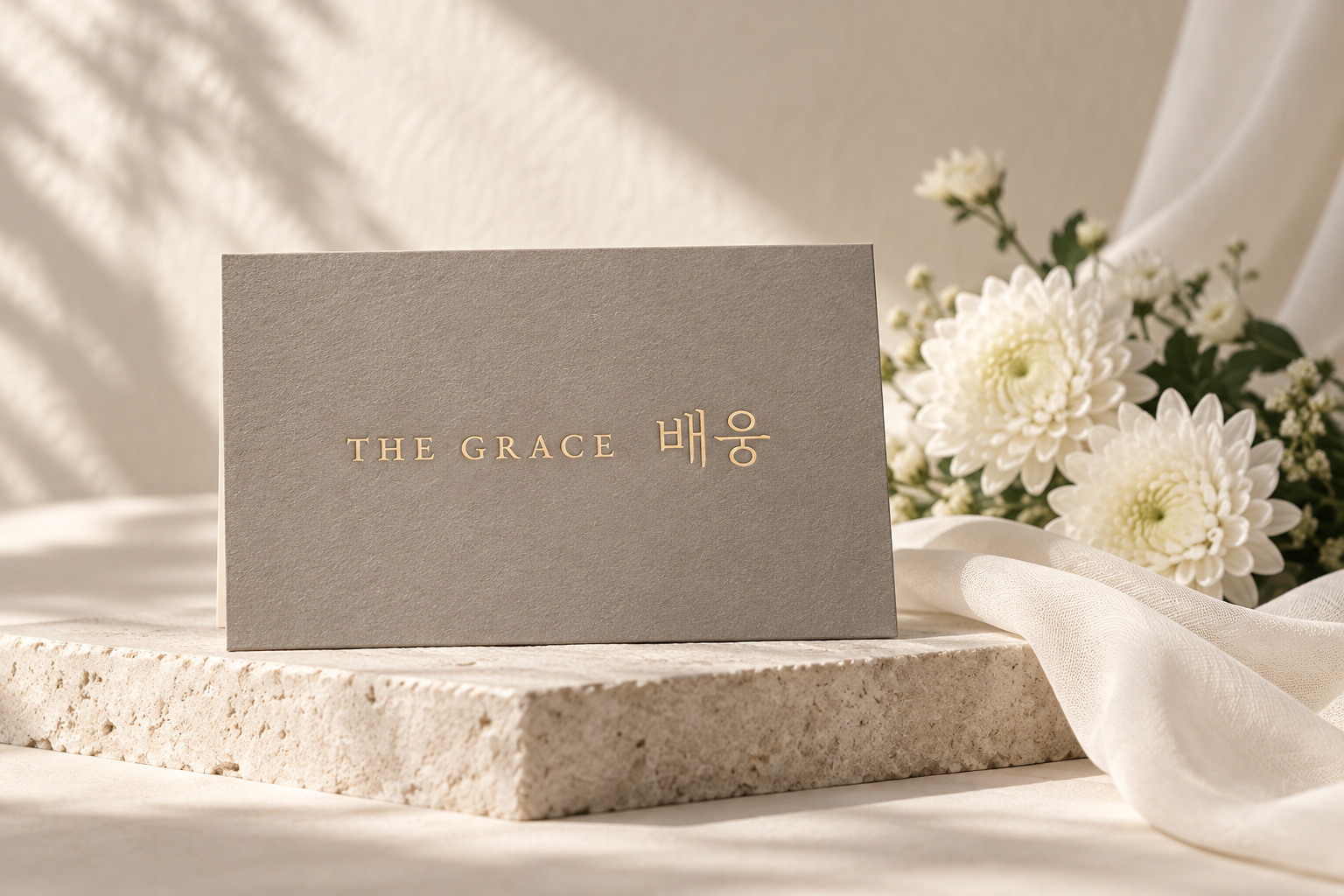 더그레이스배웅 로고와 흰 국화를 활용한 웜그레이 브랜드 연출 이미지