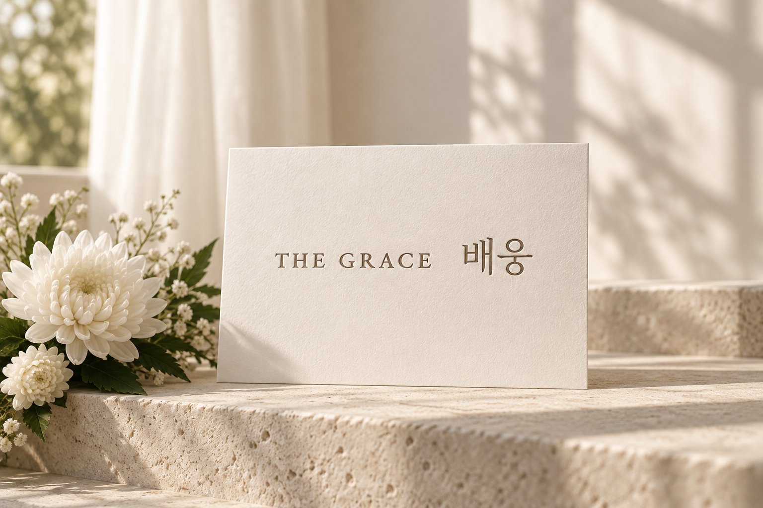 더그레이스배웅 로고와 흰 국화를 활용한 아이보리 브랜드 연출 이미지