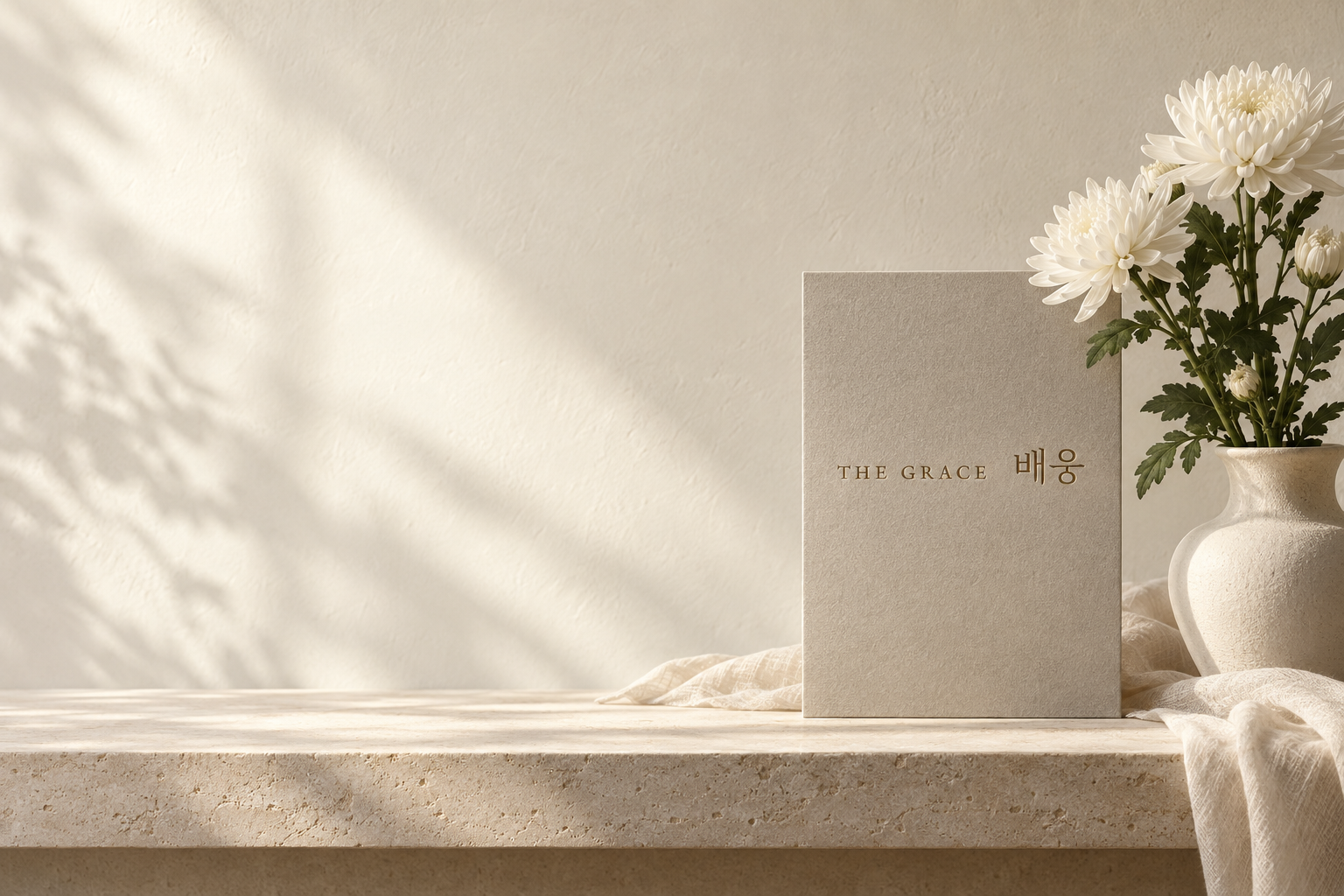 더그레이스배웅 로고와 흰 국화, 따뜻한 빛을 담은 브랜드 이미지
